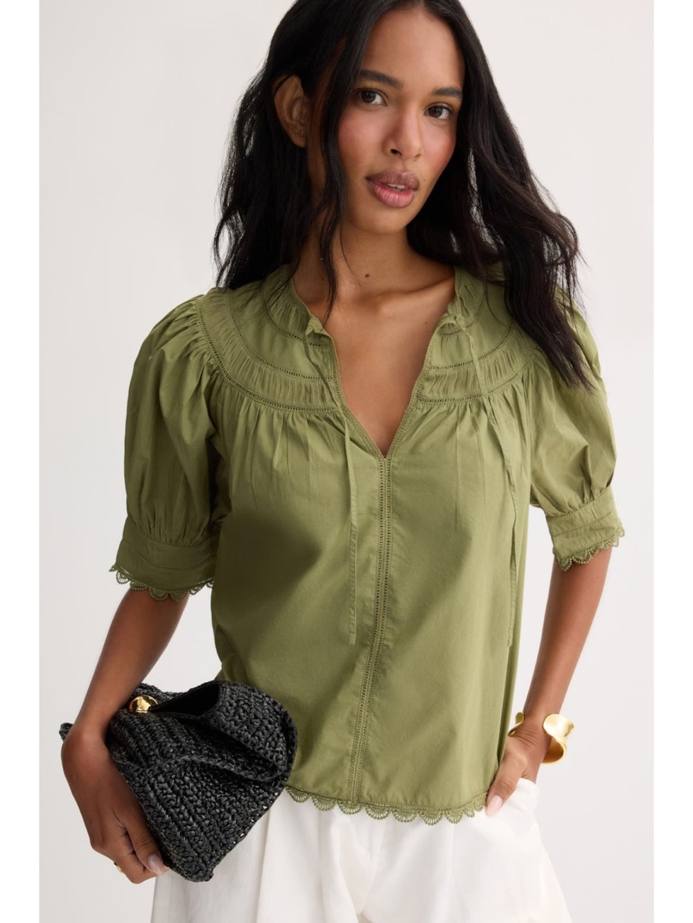 NWT Ulla Johnson Dylan Pintuck Peasant Blouse in Olive Green Size 4